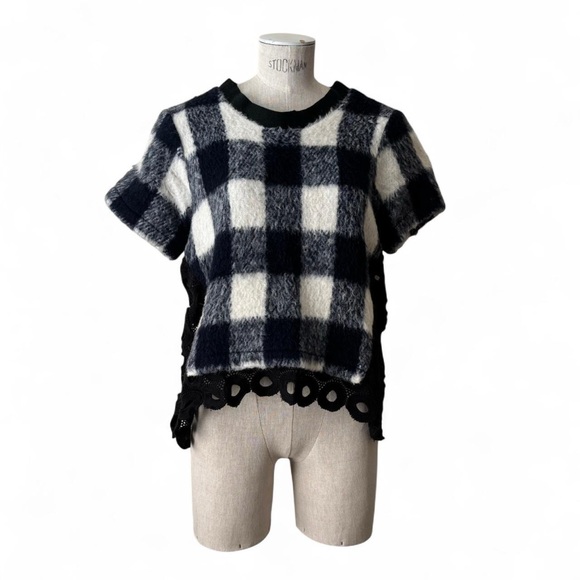 Sea New York Knit Gingham & Crochet Lace Fuzzy Fleece Top Navy & White Size 6 - Picture 1 of 5
